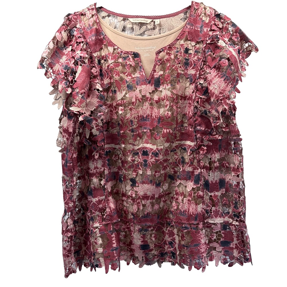 Soft Surroundings Women's Top Size XL Lace Over Tank Pink Neutral Cap Sleeves